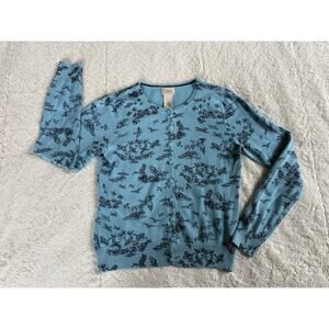 L.L. Bean Blue Bird Themed Long Sleeve Cotton Cardigan Size XS Cottagecore